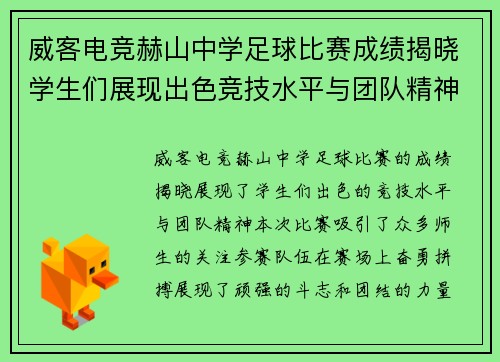 威客电竞赫山中学足球比赛成绩揭晓学生们展现出色竞技水平与团队精神