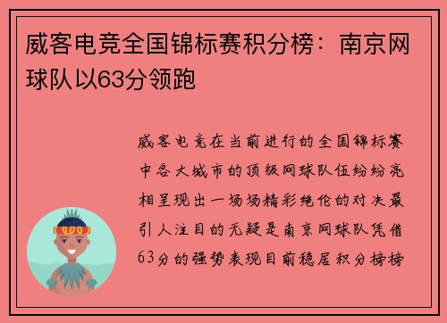 威客电竞全国锦标赛积分榜：南京网球队以63分领跑