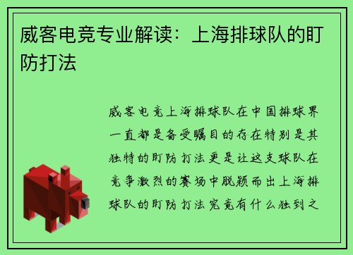 威客电竞专业解读:上海排球队的盯防打法