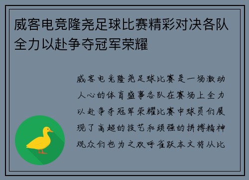 威客电竞隆尧足球比赛精彩对决各队全力以赴争夺冠军荣耀