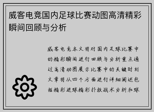 威客电竞国内足球比赛动图高清精彩瞬间回顾与分析
