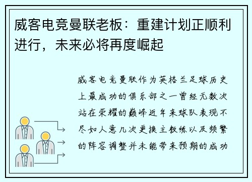 威客电竞曼联老板：重建计划正顺利进行，未来必将再度崛起
