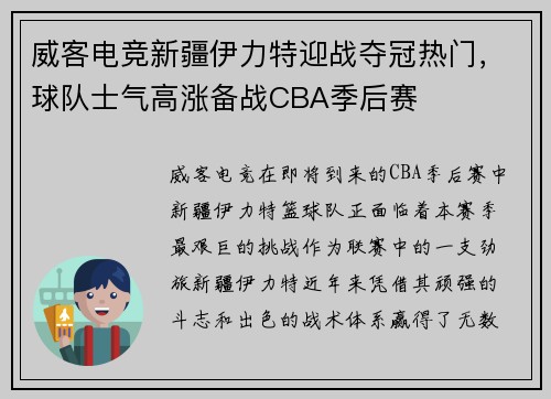威客电竞新疆伊力特迎战夺冠热门，球队士气高涨备战CBA季后赛