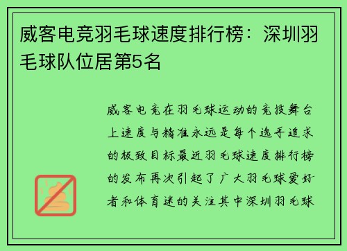 威客电竞羽毛球速度排行榜：深圳羽毛球队位居第5名